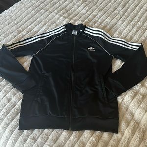 Adidas pocketed zip up jacket black with white stripes